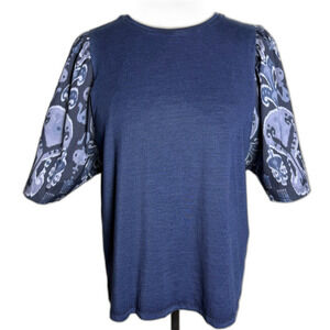 Chico's Indigo Blue Ikat Print Sleeve Top Sz 3 (XL), Navy Puff Short Sleeves